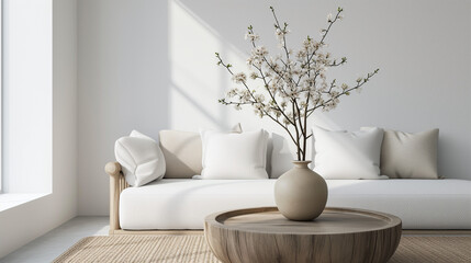 Vase with blossom twig on wooden coffee table near white sofa with pillows against window. Minimalist scandinavian home interior design of modern living room