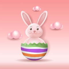 Easter bunny with colorful Easter eggs. Happy Easter holiday concept,
 minimalistic style, 3d vector. Space for copying.