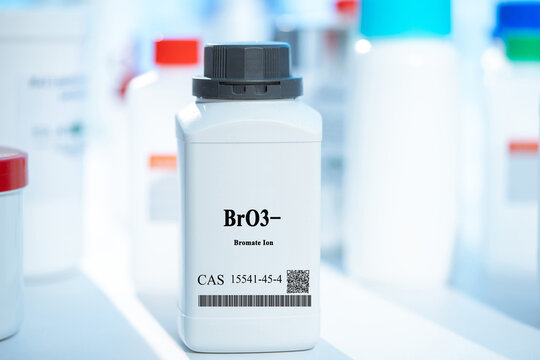 BrO3&minus; bromate ion CAS 15541-45-4 chemical substance in white plastic laboratory packaging;