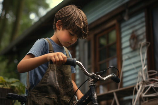 A young boy washes his bike in his back yard of his home 