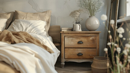 Vintage bedside nightstand near wooden bed. Farmhouse, country, provence interior design of modern bedroom