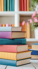 World book day. Concept of a collection of stack of books on reading desk in library study room.