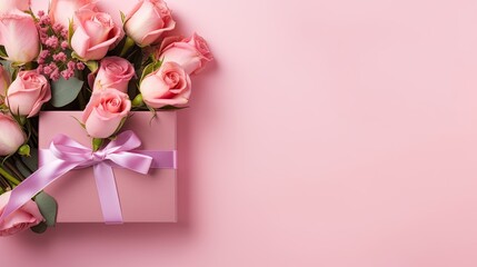 Gift box with pink roses on a pink background, top view with copy space. Banner poster valentine's day, Mothers day, wedding, birthday celebration