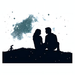 Young lovers stargazing isolated on white background, simple style, png
