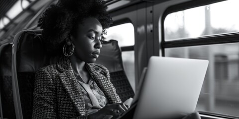 Focused Young Professional Working on Laptop During Train Commute