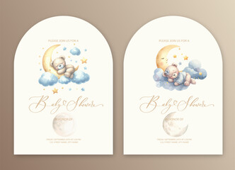 Cute baby shower watercolor invitation card for baby and kids new born celebration with plush teddy bear toy sleep on cloud.