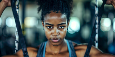 Obraz premium Serious Female Athlete Engaging in Suspension Training at Gym