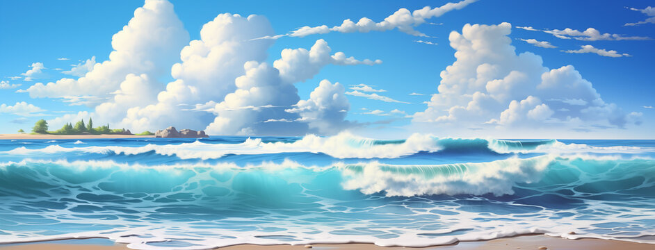 Ondas do mar chegando até a praia em um dia ensolarado com nuvens no ceu - Ilustarção
