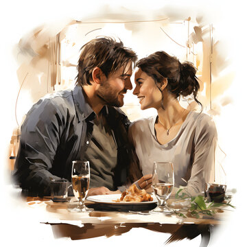 Couple having a romantic dinner at home isolated on white background, sketch, png
