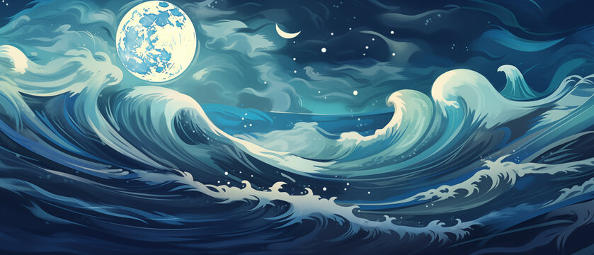 Ondas no mar em uma noite  de lua cheia - Ilustração