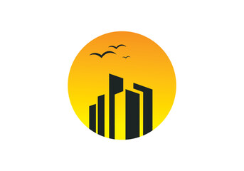 sunset building logo flat vector illustration logo stamp collection of rocky mountain top peaks, camping outdoor adventure