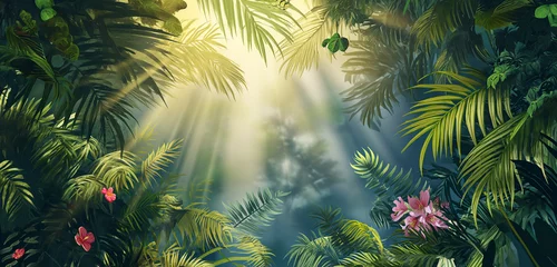 Foto op Plexiglas Floresta com plantas e árvores tropicais com a luz do sol vindo do céu  © vitor