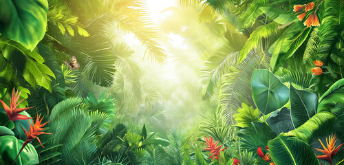 Floresta com plantas e árvores tropicais com a luz do sol vindo do céu  - obrazy, fototapety, plakaty