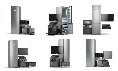 Collection of Modern new built in kitchen appliances 3d render on white - obrazy, fototapety, plakaty