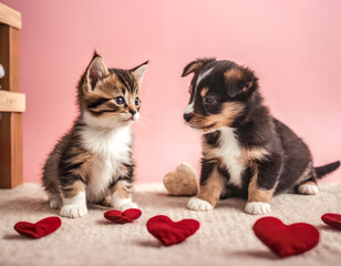 Fototapeta na wymiar Kitten and puppy looking at each other. Light pink background. Heart shaped toys in the foreground.