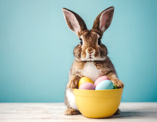 Easter bunny with Easter eggs in a yellow bowl. Light blue background. 