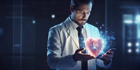 a cardiologist holds a projection of the heart in his hands - obrazy, fototapety, plakaty