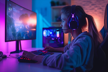 Professional gamer girl plays video games on a computer,, illustration for esports and gaming - obrazy, fototapety, plakaty