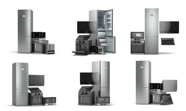 Collection of Modern new built in kitchen appliances 3d render on white