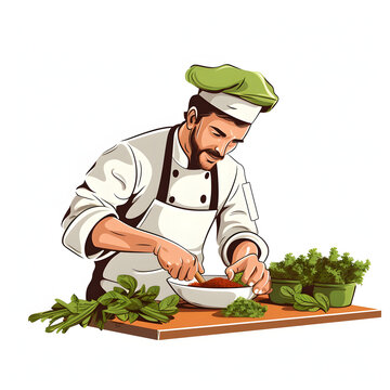 Chef garnishing a dish with herbs isolated on white background, simple style, png
