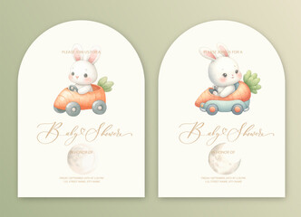 Cute baby shower watercolor invitation card for baby and kids new born celebration with plush bunny on carrot car.