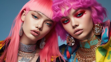 Obraz premium Fashion photo shoot of generation Z. girls with bright, colorful hair, makeup and jewelry. individuality and style.
