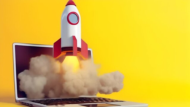 Rocket flying over a laptop on yellow background, startup concept
