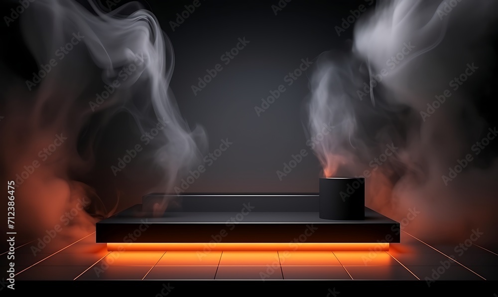 Aufkleber empty podium for products display with smoke and neon light wall, 3d rendering, unreal engine. gener