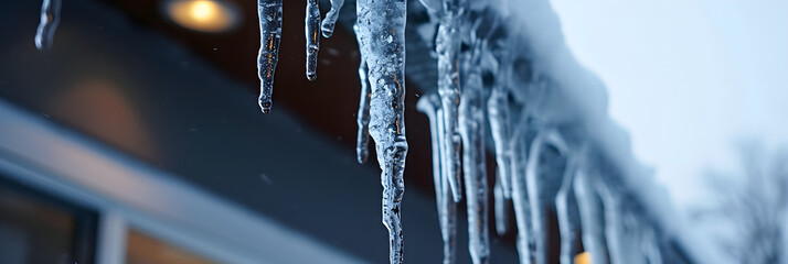 Melting, transparent icicles hanging from the building's roof. - obrazy, fototapety, plakaty