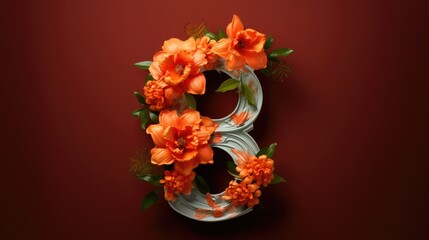 number 8 and flowers on a orange background. Women's day, 8 March invitation card. spring and holiday.