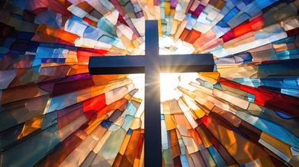 Papier peint photo autocollant rond Coloré stained glass window with Christian cross, religious symbol. prayer in church. faith and hope. multi-colored sun rays.