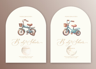 Cute baby shower watercolor invitation card for baby and kids new born celebration with toy bike.