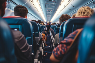 Commercial airplane cabin with rows of seats down the aisle and people sitting