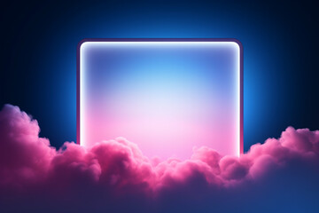 3d render, abstract minimal background, pink blue neon light square frame, illuminated stormy clouds, glowing geometric shape 