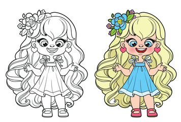 Cute cartoon long curly haired girl in lush dress with butterflies outlined for coloring page on a white background