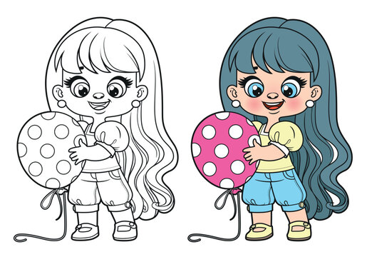 Cute cartoon longhaired girl with a big polka dot balloon color vad outlined for coloring page