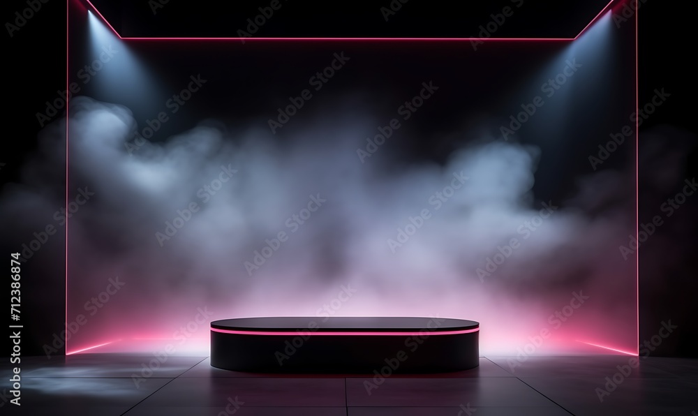Aufkleber empty podium for products display with smoke and neon light wall, 3d rendering, unreal engine. gener