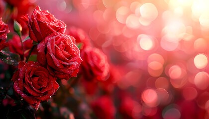Close-up of vibrant red roses with dew drops against a bokeh background, AI generated - obrazy, fototapety, plakaty