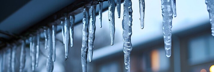 Melting, transparent icicles hanging from the building's roof. - obrazy, fototapety, plakaty