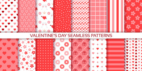 Valentine's day pattern. Cute seamless background. Red pink prints with hearts, polka dot, stripes, flowers. Set of love textures for scrapbooking. Vintage girly wrapping papers. Vector illustration