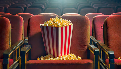 A full popcorn bucket in a movie theater, placed in a red cinema seat - obrazy, fototapety, plakaty