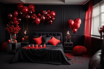 Balloons, flowers, and candles transform a modern black interior bedroom into a cozy haven for a couple on Valentine's Day.