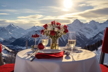 Fototapeta premium Valentine's Day bliss: A couple's romantic dinner ion the top of mountain adorned with heart balloons, flowers,wine.