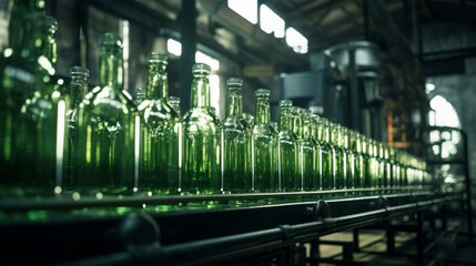 Empty glass bottles on the conveyor. Neural network AI generated art