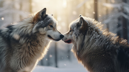 Two wolves touching noses with a snowy background.
 - obrazy, fototapety, plakaty