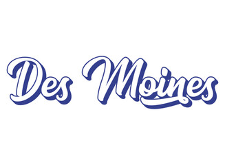 Handwritten word Des Moines. Name of State capital of Iowa . 3D vintage, retro lettering for poster, sticker, flyer, header, card, clothing