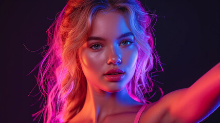 Naklejka premium Woman points to the side black background purple colors neon