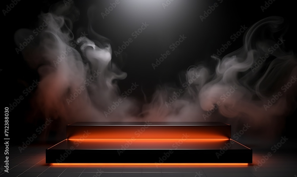 Aufkleber empty podium for products display with smoke and neon light wall, 3d rendering, unreal engine. gener