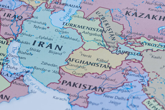 Iran and Pakistan on political map, Iran is in focus on the map.