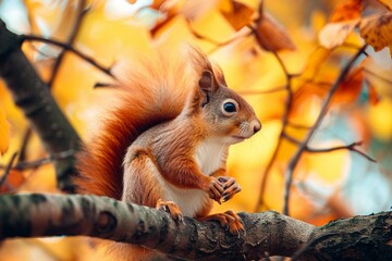 cute portrait with beautiful fluffy red squirrel sitting in autumn Park on a tree oak with bright Golden foliage